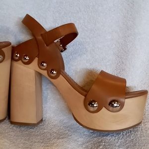Prada leather wood platform chunky heel sandals